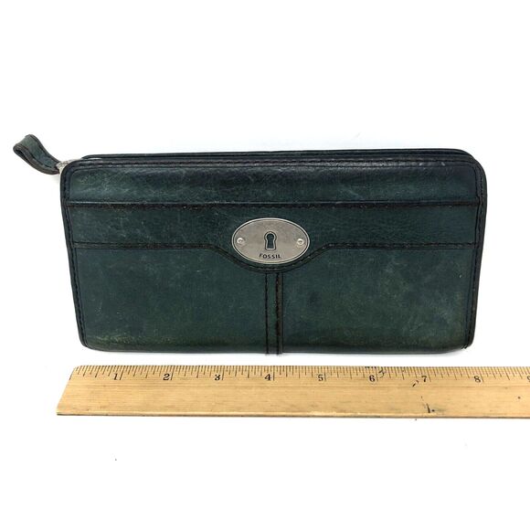 FOSSIL Marlow Pebbled Leather  Zip Around Wallet Green w/Silver Key Hole Logo - Picture 10 of 13